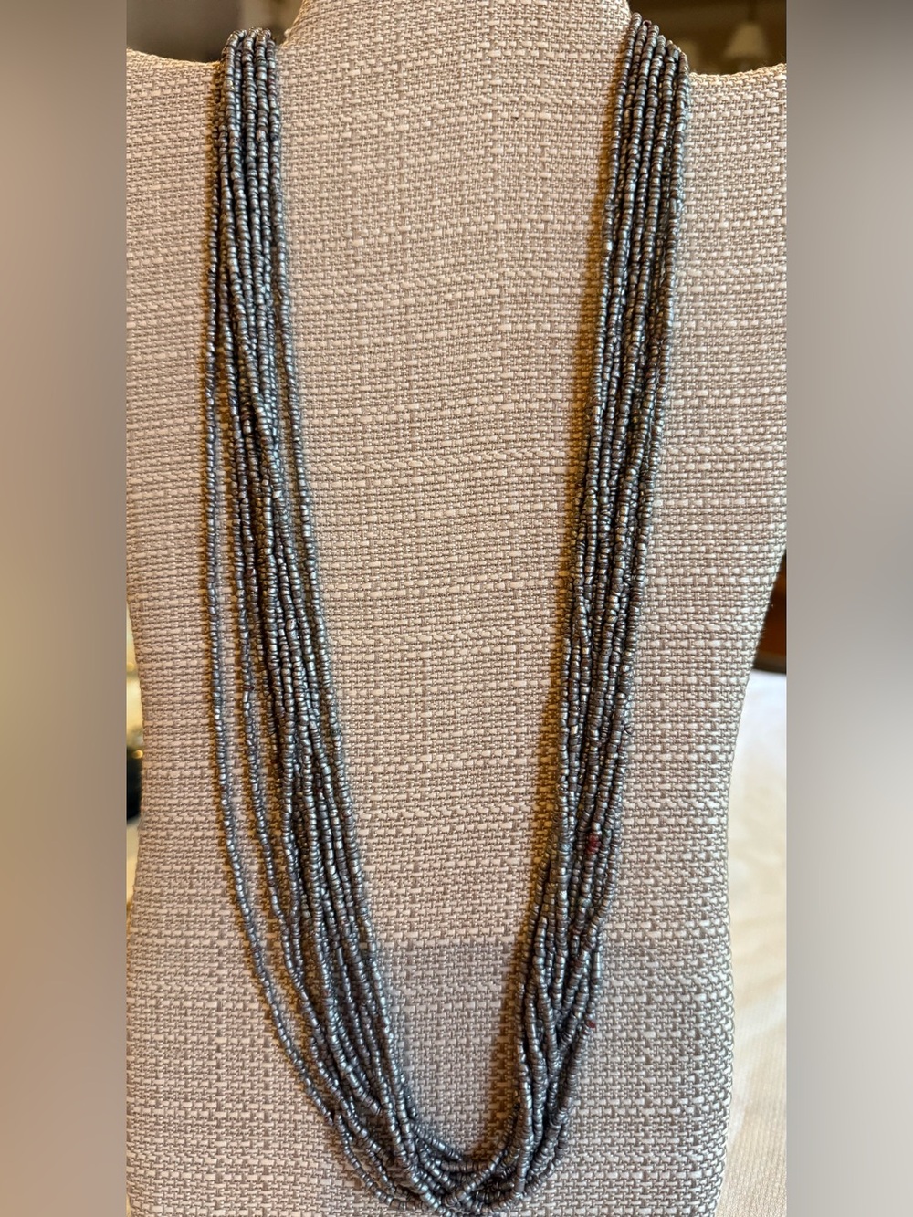 Seed Bead Necklace Metallic multi strand  - Silver Tone-